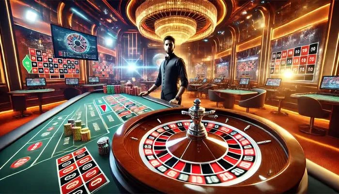 Meja No Commission Baccarat dengan kartu dealer dan area taruhan yang jelas